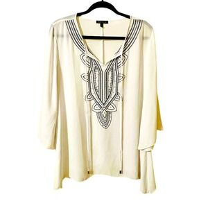 Sami & Jo White Chiffon Top Boho Sheer Embellished Size L Embroidered Flowy